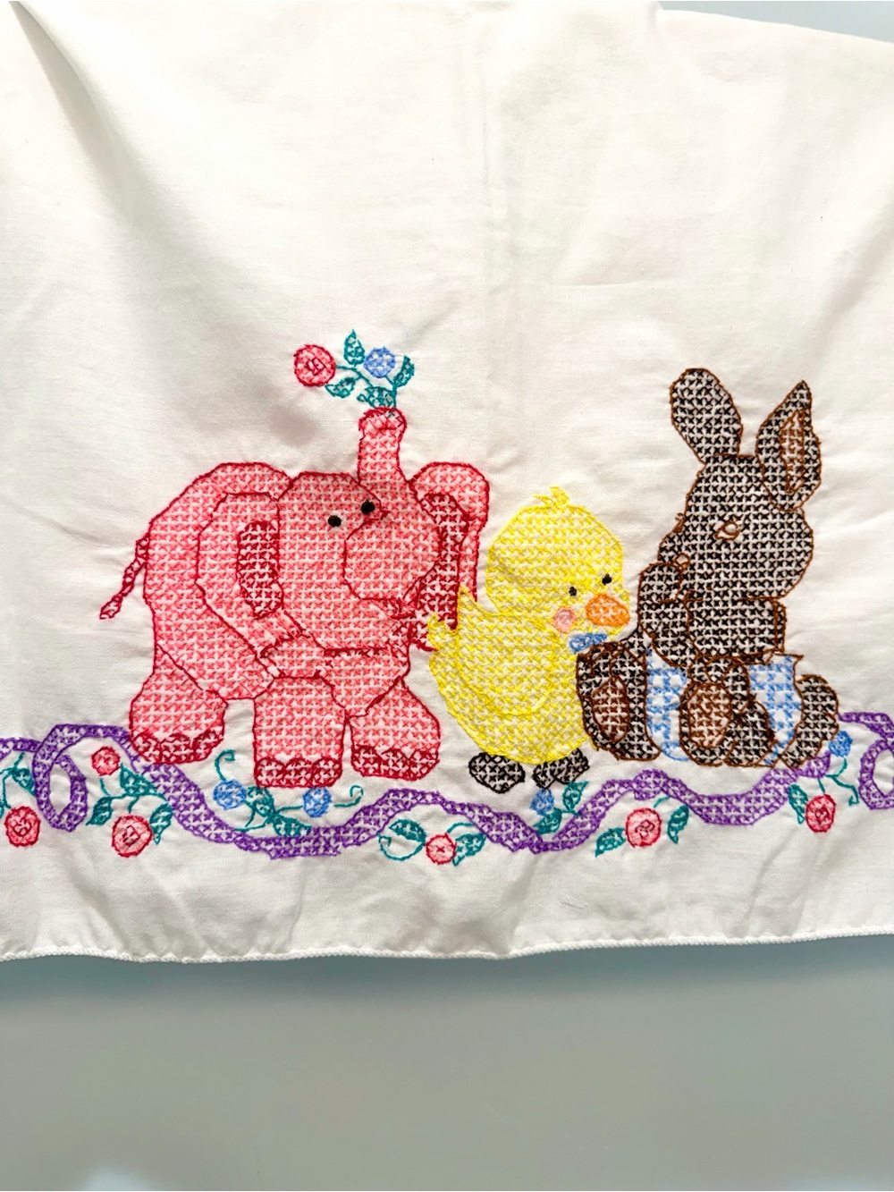 Vintage 70s Embroidered Nursery Fabric Panel Elephant Duck Bunny Cross Stitch